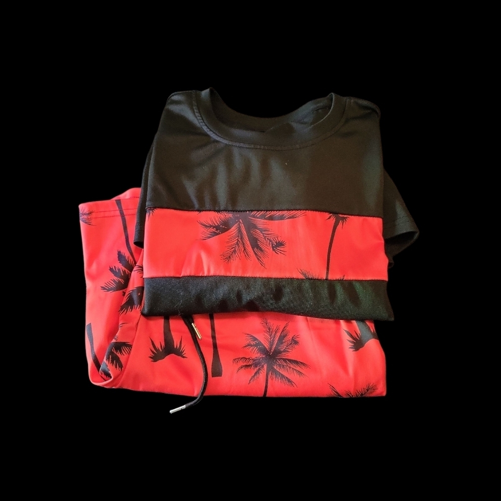 Two-Piece Set Men's Palms Print Drawstring Shorts and T-Shirt, Summer Clothes